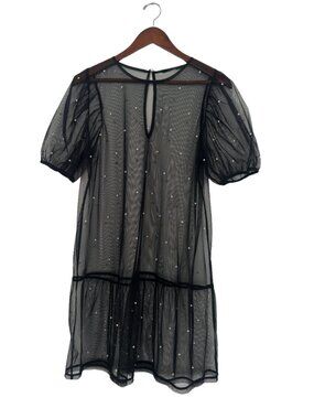 Pearl Embellished Sheer Mesh Babydoll Dress Black EUC